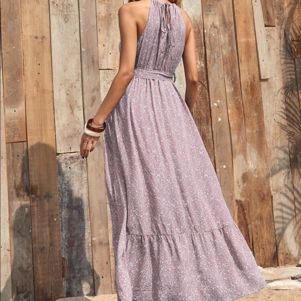Boho floral print halter maxi dress- DUSTY PINK - Picture 5 of 8